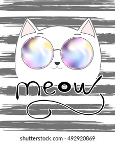 cute cat with colorful glasses and lettering - meow,  graphic illustration vector, T-shirt Print, animal