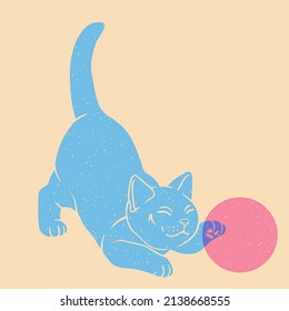 Cute cat. Colorful cute screen printing effect. Riso print effect. Vector illustration. Graphic element  for fabric, textile, clothing, wrapping paper, wallpaper, poster.