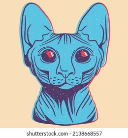 Cute cat. Colorful cute screen printing effect. Riso print effect. Vector illustration. Graphic element  for fabric, textile, clothing, wrapping paper, wallpaper, poster.