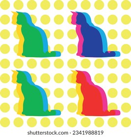 Cute cat. Colorful cute screen printing effect. Riso print effect. Vector illustration. Graphic element for fabric, textile, clothing, wrapping paper, wallpaper, poster. Risograph Cats.