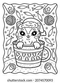 
Cute cat. Coloring page for children and adults. Christmas. Christmas coloring book. Kawaii. New Year.