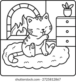 Süße Katze Färbung Seite. Gemütliche Katze in der Nähe der Kamingrafik. Komfortables Katzenzeichen