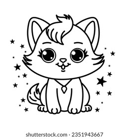 Cute cat coloring page for kids. Cartoon fluffy cat illustration.