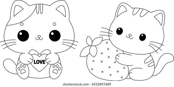 Cute cat coloring page for kids. Funny kawaii smiling doodle animal. Face line contour silhouette icon. Cute cartoon baby pet character. Flat design.