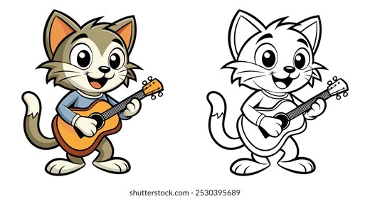 Cute Cat Coloring Page For Kids. Cat Coloring Printable. Cute Cat Plays Guitar Cartoon Illustration Vector Design On White Background