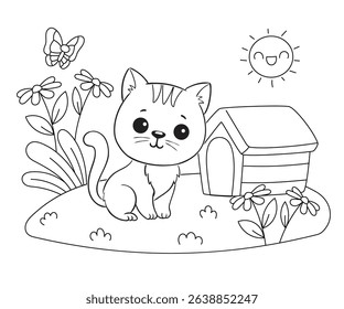 Cute Cat Coloring Page Next to a House with Lovely Flowers in the Garden.