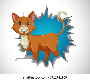 Cute cat coming out of cracked wall illustration