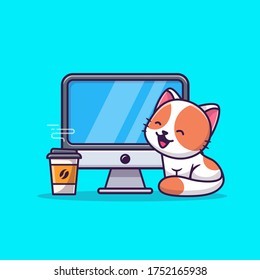 Cute Cat With Computer And Coffee Cartoon Vector Icon Illustration. Animal Technology Icon Concept Isolated Premium Vector. Flat Cartoon Style 