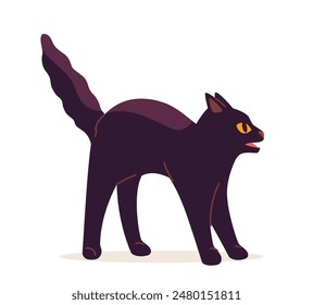 Lindo concepto de gato. Adorable estiramiento de animales domésticos. Mascota negra asustada. Hermoso gatito se para. Pegatina para redes sociales. Ilustración vectorial plana de dibujos animados aislada sobre fondo blanco