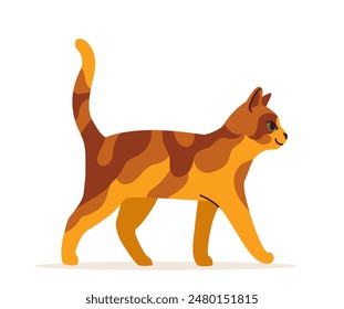 Cute cat concept. Adorabe domestic animal walk. Brown and orange spotted pet. Lovely kitten stands. Template and layout. Cartoon flat vector illustration isolated on white background