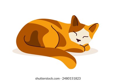 Lindo concepto de gato. Adorable animal doméstico acostado y durmiendo. Peluda naranja y marrón manchado mascota. Pegatina para redes sociales. Ilustración vectorial plana de dibujos animados aislada sobre fondo blanco