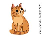 Cute cat concept. Adorable domestic animal sitting. Fluffy tabby brown pet. Lovely kitten stands. Graphic element for website. Cartoon flat vector illustration isolated on white background