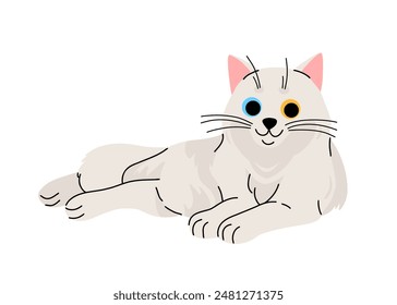 Lindo concepto de gato. Adorable gato angora turco doméstico con heterocromía. Gatito blanco mullido mintiendo. Ilustración vectorial plana de dibujos animados aislada sobre fondo blanco