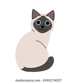 Lindo concepto de gato. Adorable gato doméstico siamés. Gatito mullido sentado. Ilustración vectorial plana de dibujos animados aislada sobre fondo blanco