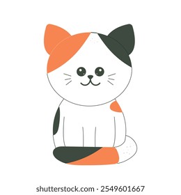 Conceito de gato bonito. Adorável animal doméstico sentado. Tricolor, vermelho, branco, preto animal de estimação. Gatinho adorável. Ilustração de crianças de vetor plano isolada no fundo branco