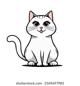 Cute cat concept. Adorable domestic animal sitting. Fluffy tabby white cat. Lovely kitten stands. Graphic element for website. Cartoon flat vector illustration isolated on white background