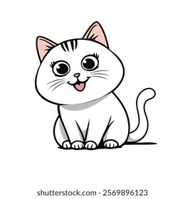 Cute cat concept. Adorable fluffy tabby white cat. Lovely kitten stands. Graphic element for sticker, card, book or t-shirt. Cartoon flat vector illustration isolated on white background