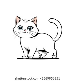 Cute cat concept. Adorable fluffy tabby white cat. Lovely kitten walk pose. Graphic element for sticker, card, book or t-shirt. Cartoon flat vector illustration isolated on white background