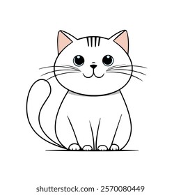 Cute cat concept. Adorable fluffy tabby white cat simple line art. Lovely kitten stands. Graphic element for sticker, card, book or t-shirt. Cartoon flat vector illustration