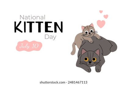 Nettes Katzenkonzept, nationaler Kätzchentag. Entzückende häusliche britische Kurzhaarkatze mit Kätzchen. Flauschige graue und cremefarbene Katzen, die mit Herzen liegen. Cartoon flache Vektorillustration