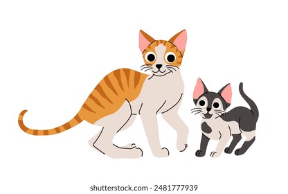 Cute cat concept, national kitten day. Adorable domestic cornish rex cat with kitten. Fluffy orange tabby, black and white cats standing with hearts. Cartoon flat vector illustration