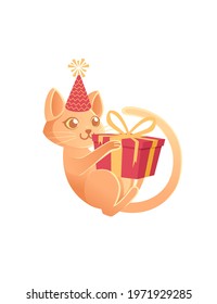 Cute cat with cone hat playing with gift box cartoon animal design vector illustration on white background