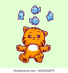 Gato Bonito Confuso Ícone Vetor De Desenho Animado Dizzy Ilustração. Animal Nature Icon Concept Vetor Premium Isolado. Estilo de Desenho Animado Plano