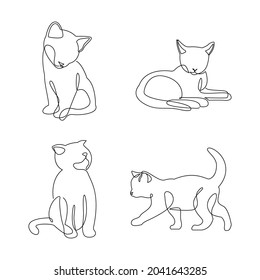 Cute cat continuous line drawing elements set. Vector illustration of animal form in trendy outline style.
