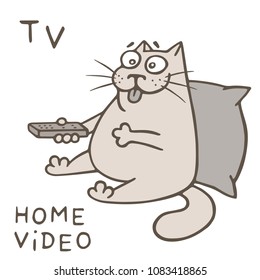 Cute cat with the control panel watching home video. Vector illustration. Funny cartoon animal character.