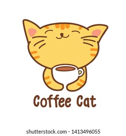 Cute cat with a cooffe vector cartoon and hand drawn illustration.  Isolated on white background. Great for logo, decoration, icon, and more.