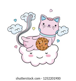 cute cat with cookie in cloud