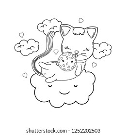 cute cat with cookie in cloud