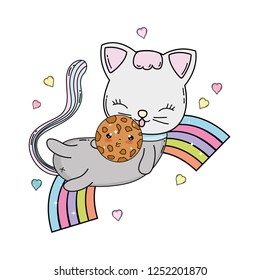 cute cat with cookie in rainbow
