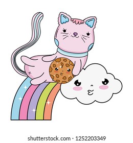 cute cat with cookie in rainbow