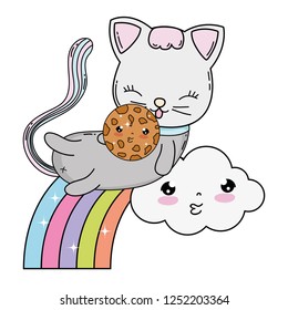 cute cat with cookie in rainbow