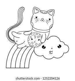 cute cat with cookie in rainbow