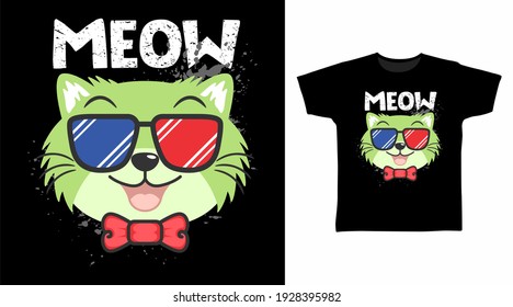 Cute cat with cool glasses cartoon illustration tee design vector.