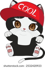 Cute cat with cool red hat sitting on the ground chibi character vector