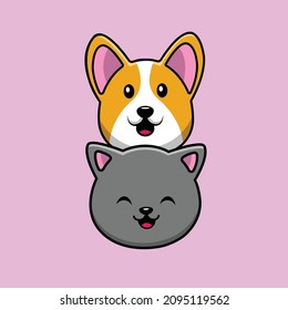 Cute Cat And Corgi Dog Cartoon Vector Icon Illustration. Animal Entertainment Icon Concept Isolated Premium Vector. Flat Cartoon Style