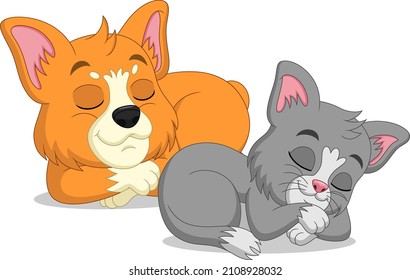Cute cat and corgi dog cartoon sleeping