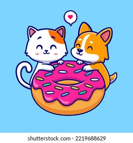 Cute Cat And Corgi Dog Eating Donut Together Cartoon Vector Icon Illustration. Animal Food Icon Concept Isolated Premium Vector. Flat Cartoon Style