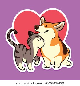 cute cat and corgi dog love. hand drawn sticker vector