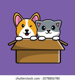 Cute Cat And Corgi Dog Playing In Box Vector Icon Illustration. Animal Mascot Cartoon Character. Animal Icon Concept White Isolated. Flat Cartoon Style Suitable for Web Landing Page, Banner, Flyer