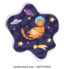 Cute Cat Cosmonaut Hugging a Star Cartoon Illustration. Hand Drawn animal astronaut sketch for logo, nursery decor, kids graphic tees, prints, stickers