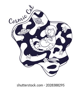 Cute Cat Cosmonaut Hugging a Star Coloring Page. Hand Drawn animal astronaut sketch for logo, coloring book and nursery decor, kids graphic tees, prints, stickers
