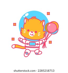 Cute cat cosmonaut in space with balloon vector cartoon character isolated on a white background.