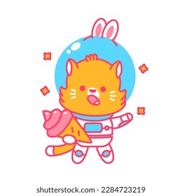 Cute cat cosmonaut in space with ice cream vector cartoon character isolated on a white background.