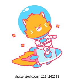 Cute cat cosmonaut in space on rocket vector cartoon character isolated on a white background.