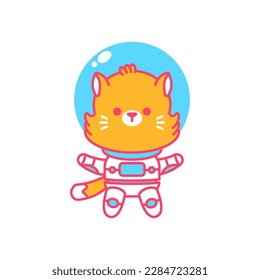 Cute cat cosmonaut in space vector cartoon character isolated on a white background.