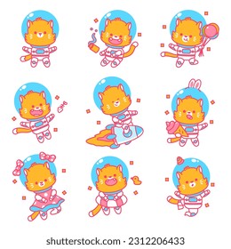 Cute cat cosmonaut in space vector cartoon characters set isolated on a white background.